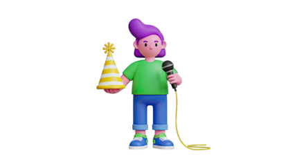 3D Character Holding Party Hat and Microphone