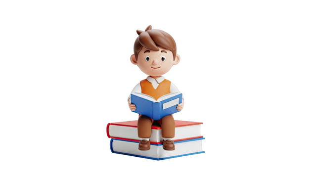 3D Boy Reading Book While Sitting on Stack of Books - Powered by Adobe