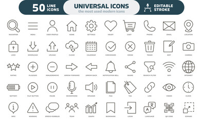 Universal icons set. 50 most used modern symbols. Thin line vector illustration editable stroke. Interface symbols, business, finance, commerce, marketing, web design © Pedro