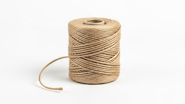 Natural jute twine rope spool with loose end isolated on white background, craft supply, rustic cord material
