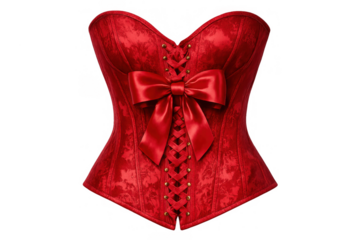 Red velvet corset with satin bow, featuring intricate lacings, celebrating sensuality, fashion, and romantic lingerie on transparent background