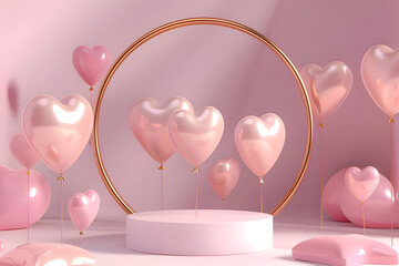 3d pink render circular podium with heart and gold for Valentine Day
