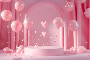 3D render pink podium for product display with heart balloons and confetti