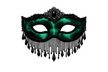 Emerald green masquerade mask with black lace and fringe, adding mystery and elegance to a venetian carnival party