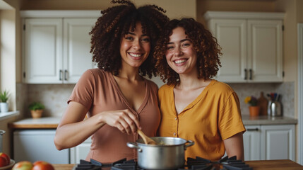 Happy Interracial Lesbian Couple Cooking Together in Modern Kitchen
