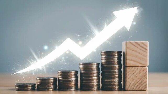 Rising arrow on coins and block, representing growth and success in business.
