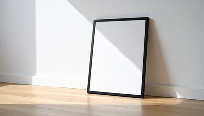 Framed, blank artwork leaning against white wall with angled sunlight