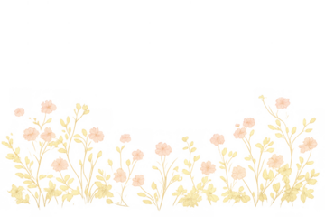 Delicate floral watercolor border with soft pink flowers and green leaves creating a botanical design, transparent background