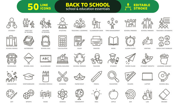 Back to school icon set. Thin line editable stroke icons for school supplies, education, students, teachers, classroom essentials and learning themes