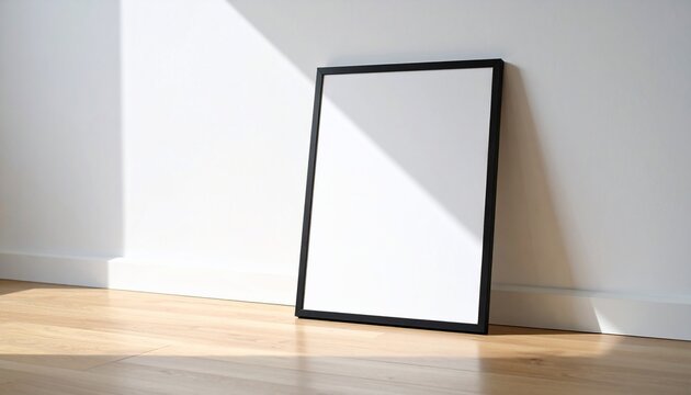 Framed, blank artwork leaning against white wall with angled sunlight
