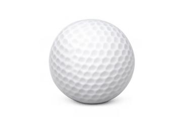 White dimpled golf ball with shadow cutout against transparent background, ready for a swing or play