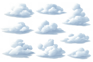 White fluffy cartoon clouds collection on transparent background, set of different cumulus shapes floating in the sky