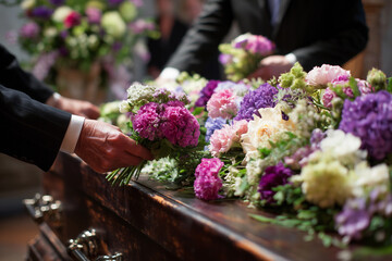 Family and friends place colorful flowers on coffin during farewell service for loved one in solemn moment of remembrance and respect at local funeral home