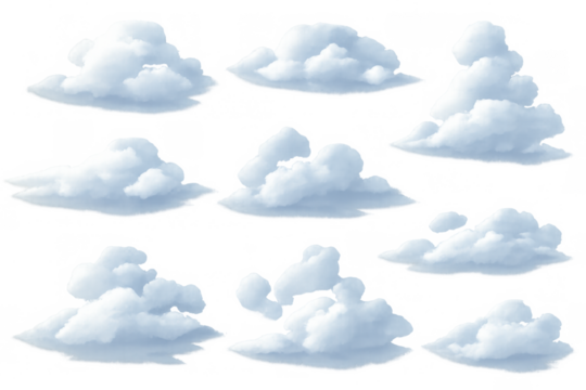 White fluffy cartoon clouds collection on transparent background, set of different cumulus shapes floating in the sky - Powered by Adobe