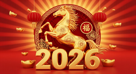2026 Chinese New Year Festive Design: Golden Horse, Lanterns, Ingots, for Celebration and Prosperity Concepts