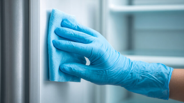 Detail shot of gloved hand restoring plastic refrigerator border. Hydrogen peroxide cleaning technique, modern and practical home care concept.
