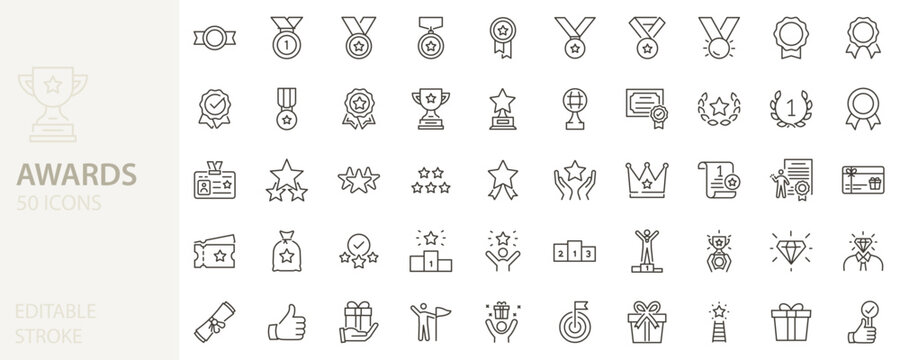 Awards icon set. Trophy, medal, achievement, badge, certificates, stars, success, recognition. thin line editable stroke vector icon outline illustrations.