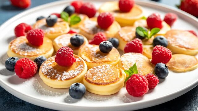 Delicious mini pancakes decorated with raspberries and blueberries on a white plate.