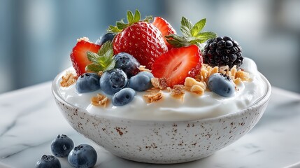 A bowl of yogurt topped with fresh berries and granola on a marble countertop