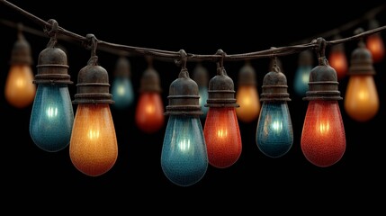 A string of colorful vintage lights against a dark background