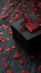 Black Gift Box with Red Ribbon and Heart for Valentine&rsquo;s Day