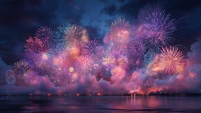 A vibrant fireworks display illuminates the night sky over a serene body of water - Powered by Adobe