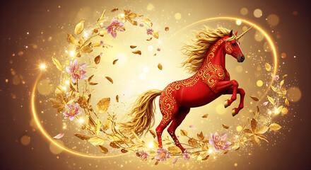 Enchanting Red Unicorn with Golden Embellishments and Flowers, Perfect for Fantasy, Magical Themes.