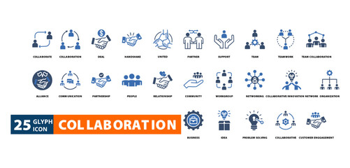 collaboration icon set with collaborate, collaboration,
deal, handshake, united, partner, support, team, teamwork, team collaboration, alliance, communication,  partnership, people, relationship