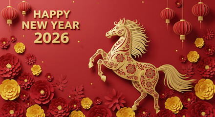 Happy Chinese New Year 2026 Celebration with Elegant Horse and Floral Design in Red and Gold, Festive Greeting