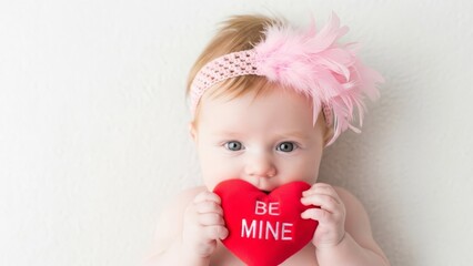 Baby girl holding heart-shaped Valentine's Day card with smile  