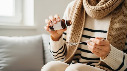 Woman holding medicine bottle and spoon while sitting indoors  