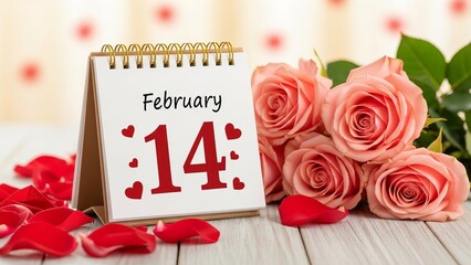 Calendar showing February 14 with roses and petals on wooden table  