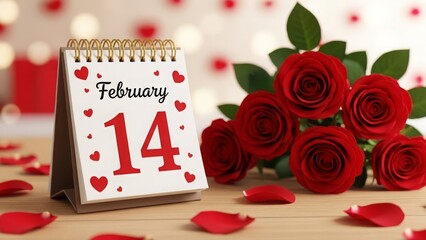 Valentine's Day calendar with roses and red heart decorations  