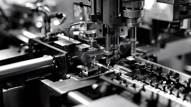 Industrial robotic machinery performing precision manufacturing assembly process