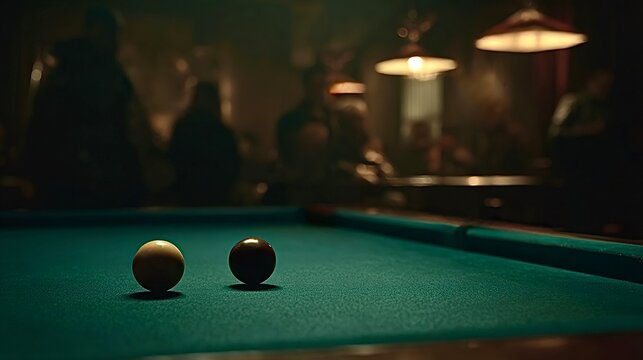 Pool balls on billiard table in dark bar
