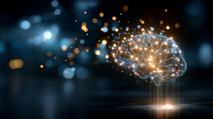 Glowing digital brain illuminated by cascading data streams, artificial intelligence, information processing, dark abstract background, with copy space