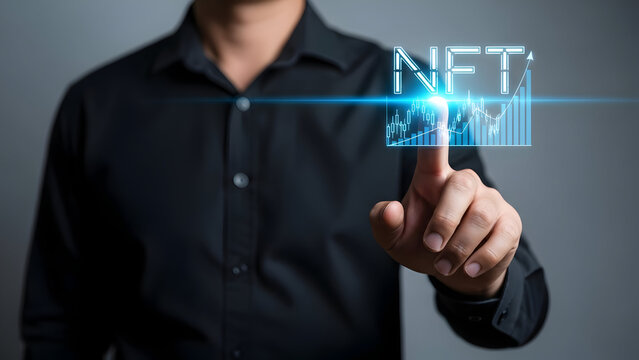 A businessman interacting with a glowing NFT interface, illustrating the modern investment in digital assets and blockchain technology for the future. - Powered by Adobe