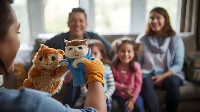 Happy african american couple watching cute siblings puppet show. Smiling young father and mother sitting together on sofa at home, brother and sister play muppet toys do theatre performance.