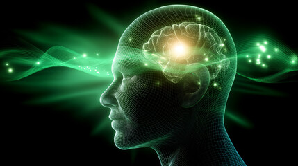 Futuristic digital human brain emitting glowing green activity waves inside a wireframe head, artificial intelligence, neuroscience, cognition, technology background, with copy spa