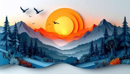 Layered paper art landscape with sun, mountains, trees, and birds at sunset