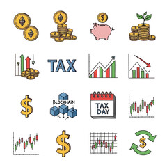 Hand-drawn finance and economics doodle icon set