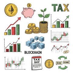 Hand-drawn finance and economics doodle icon set