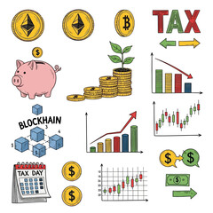 Hand-drawn finance and economics doodle icon set