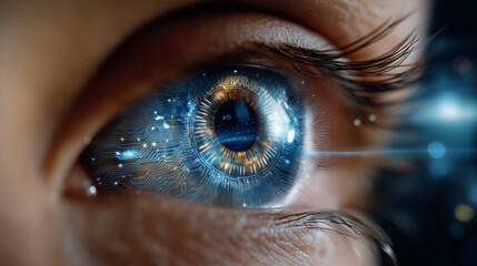 Macro close-up of human eye with abstract digital circuit overlay on iris, AI vision, biometrics, cyber technology, shallow focus, with copy space