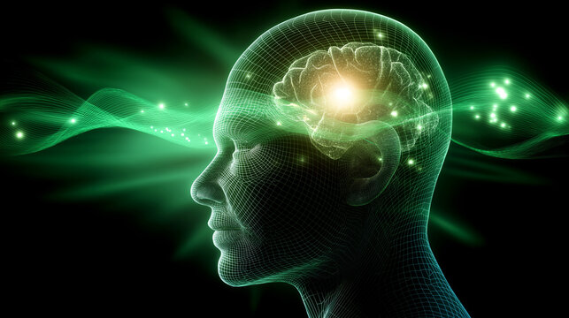Futuristic digital human brain emitting glowing green activity waves inside a wireframe head, artificial intelligence, neuroscience, cognition, technology background, with copy spa - Powered by Adobe