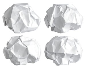 Fototapeta premium Four different angled views of crumpled white paper, suggesting waste, rejection, or creative beginnings. Isolated on white background