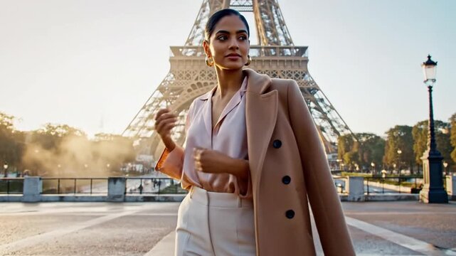 Elegant woman in paris posing near the Eiffel Tower during a sunny morning capturing the essence