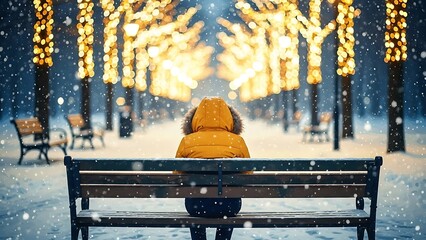 Woman in Yellow Winter Coat Sitting on Snowy Park Bench Under Golden Star Lights in Magical Winter Night