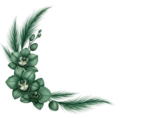 Delicate hand painted watercolor corner design with orchids and pampas grass in deep emerald green isolated on white background