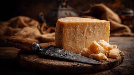 Artisan hard cheese wedge with a decorative knife on a rustic wooden board